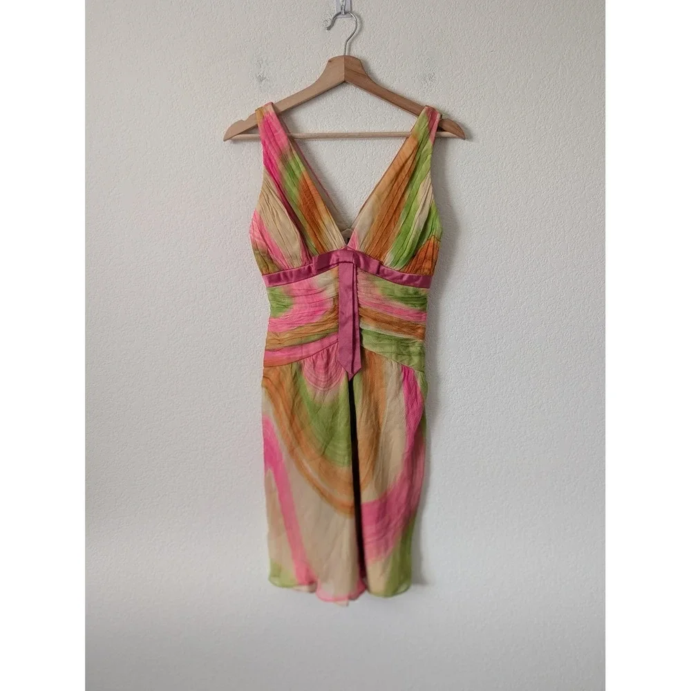 Vintage Abstract Watercolor Ruched Prom Cocktail Dress Pink Whimsy Fairy Bold 2 - Picture 3 of 8